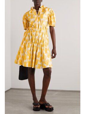 LA DoubleJ Biscotto  Yellow Tiered Pineapple Cotton-Poplin Mini Dress, Size Smal